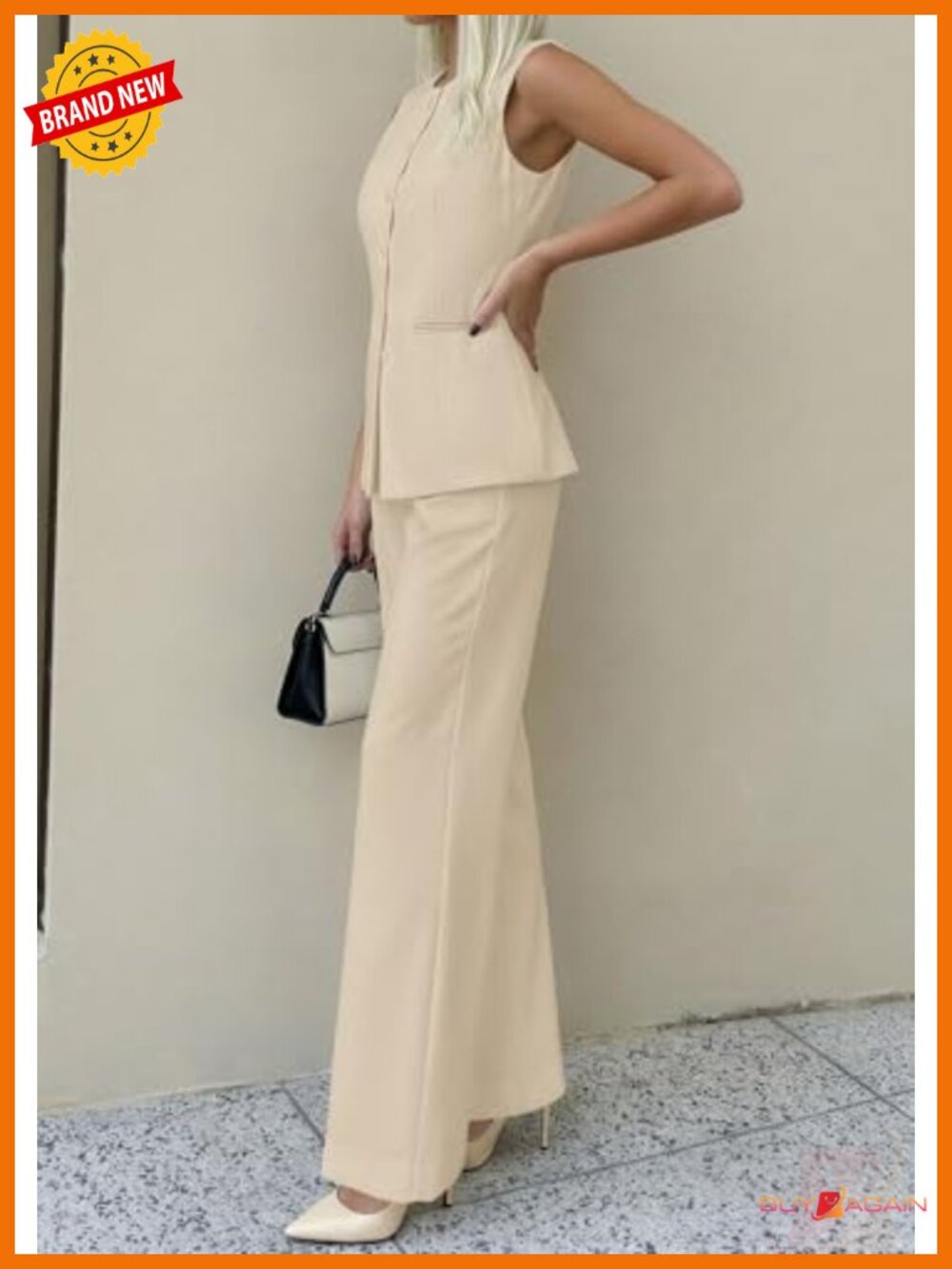 Women's 2 Piece Suit Set Sleeveless Blazer Vest & Wide Leg Pants Business - Picture 3 of 6